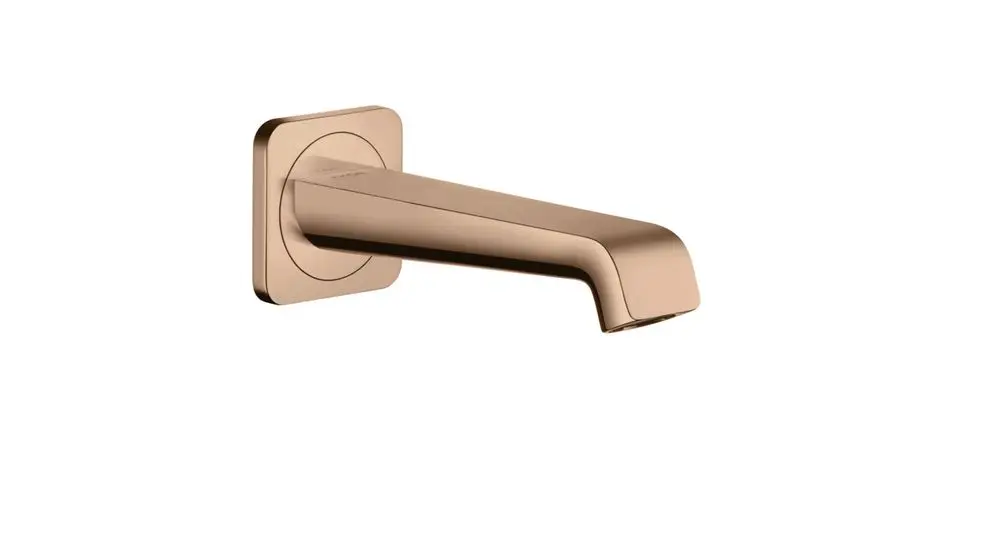 Wandmontierter Wasserhahn in Polished Red Gold, hergestellt von AXOR. Das Design ist schlicht und geometrisch mit einer quadratischen Wandplatte.